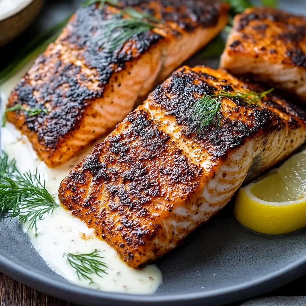 Perfect Blackened Salmon + Dill Sauce